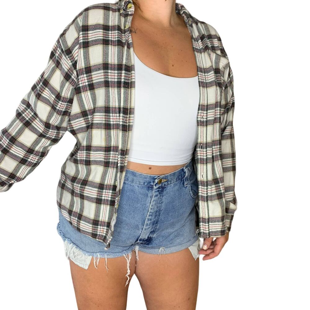 Vintage Columbia Plaid Flannel Button Down White Black Granola Outdoorsy Shirt